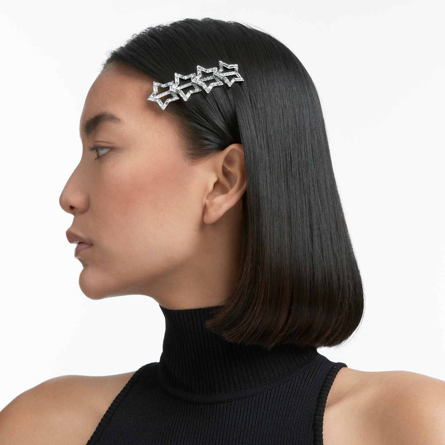 Hair clip, Set (3), Mixed cuts, Star, White, Rhodium plated Swarovski