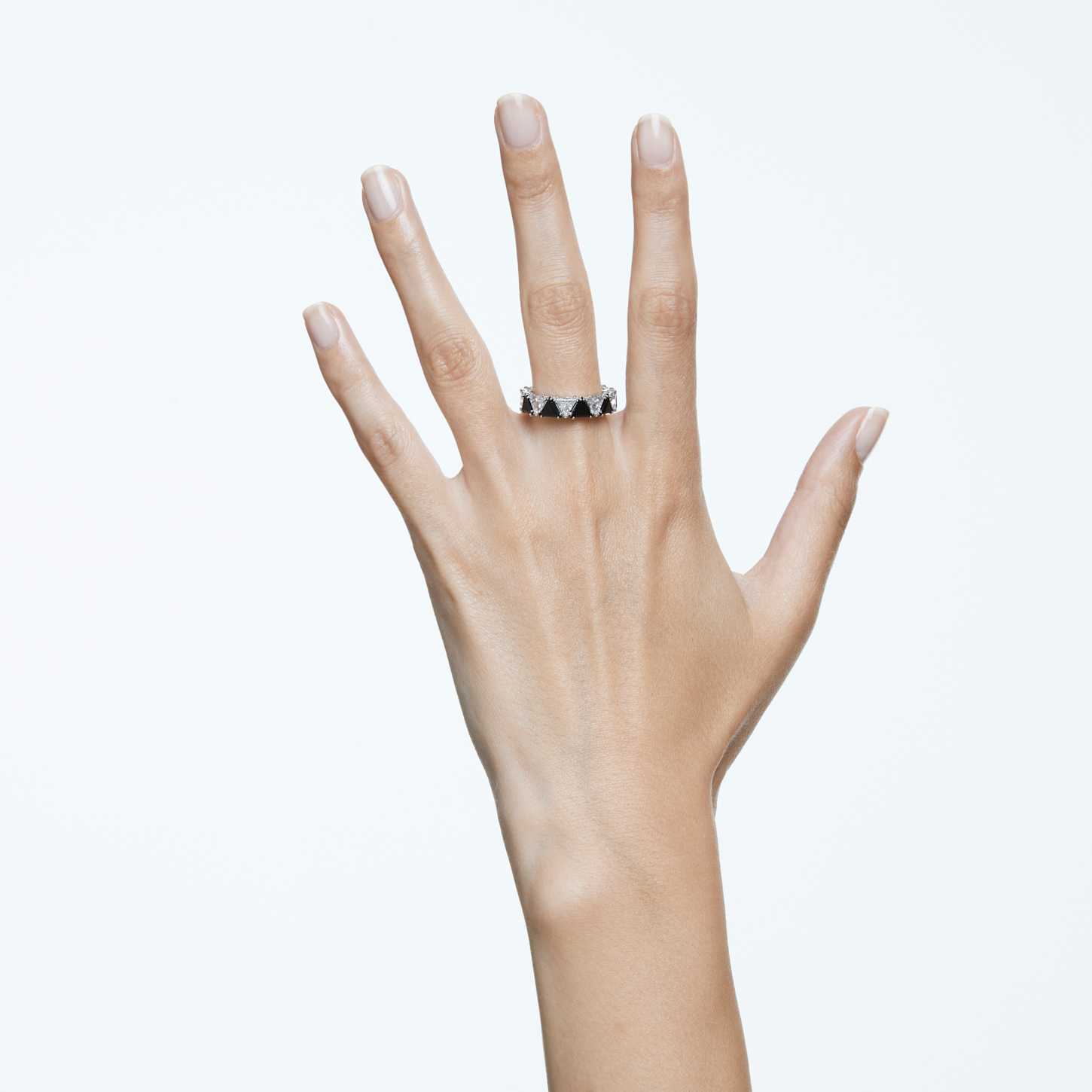 Ortyx cocktail ring, Triangle cut, Black, Rhodium plated | Swarovski