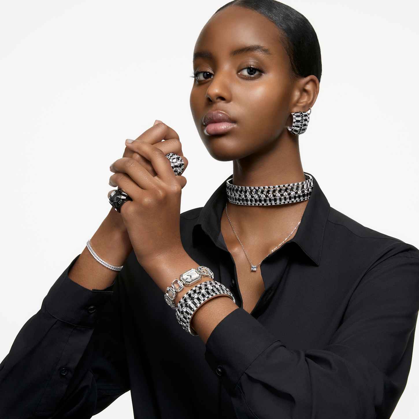 Watch, Octagon cut bracelet, White, Stainless Steel Swarovski