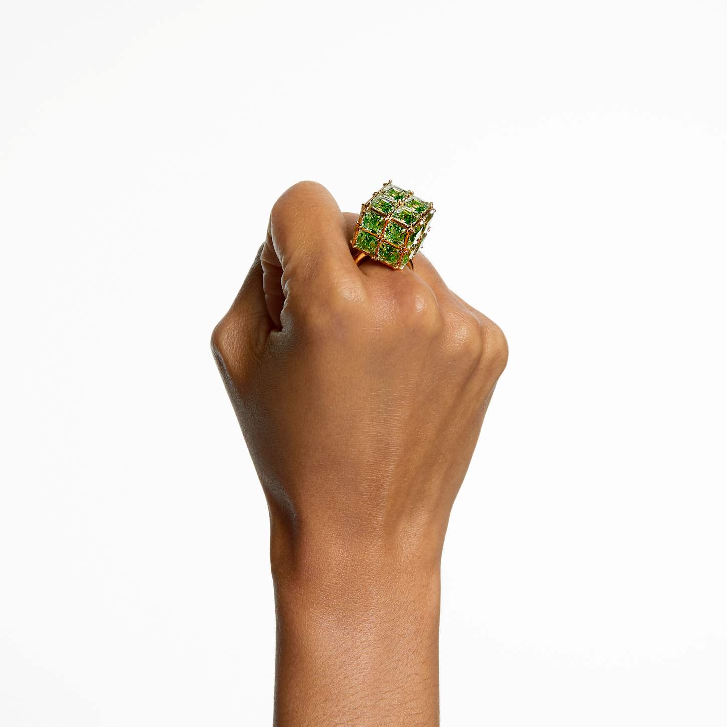 Curiosa cocktail ring, Square cut, Green, Gold-tone plated | Swarovski