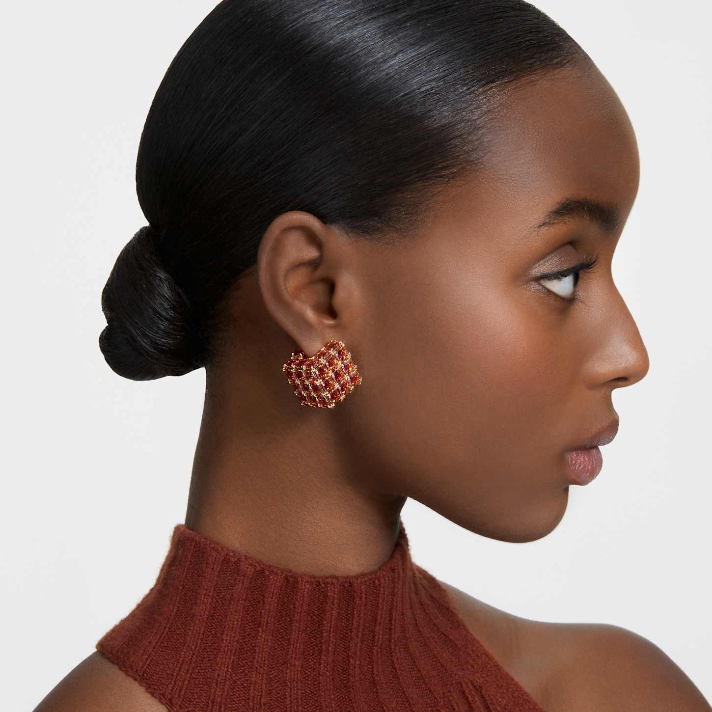 Curiosa stud earring, Single, Square cut, Orange, Goldtone plated