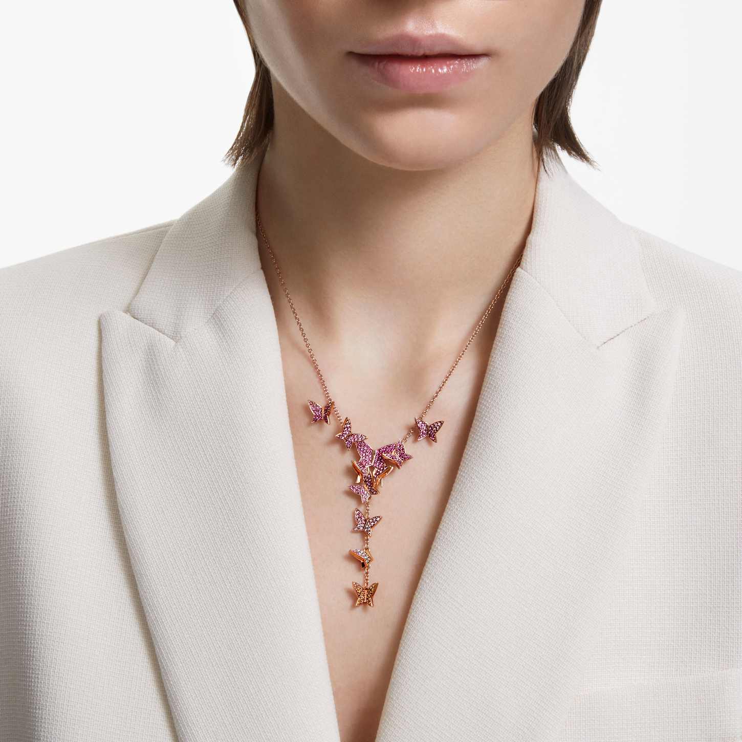Idyllia Lilia Y字型ネックレス, チョウ, ピンク, 18Kローズゴールド