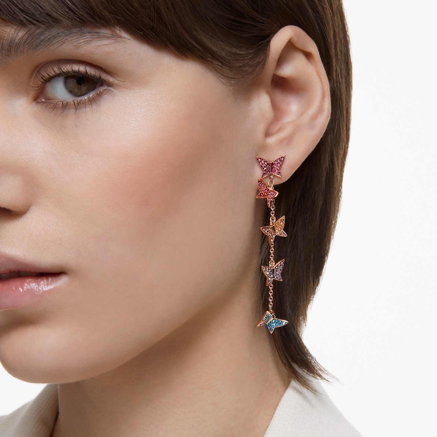 Idyllia Lilia drop earrings, Butterfly, Long, Multicolored, Rose