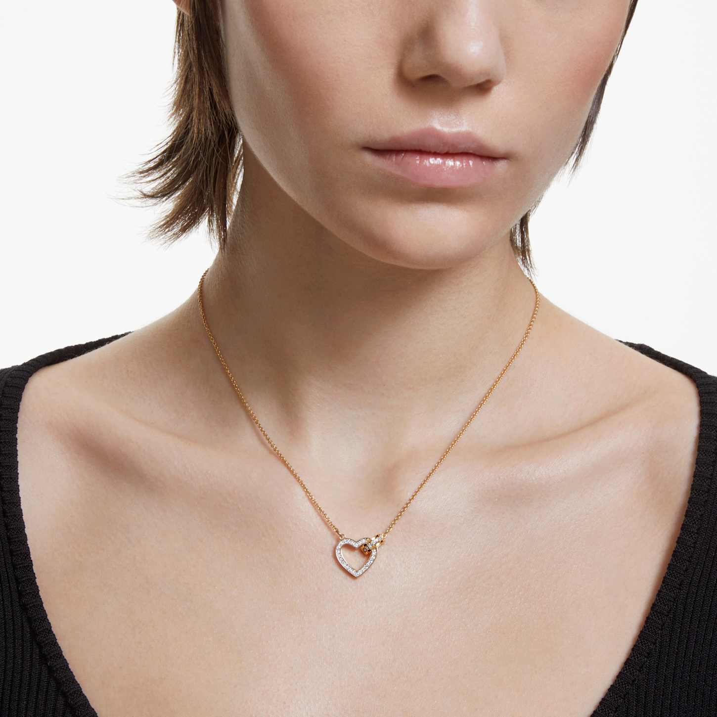 Lovely necklace, Heart, White, 18K gold finish | Swarovski