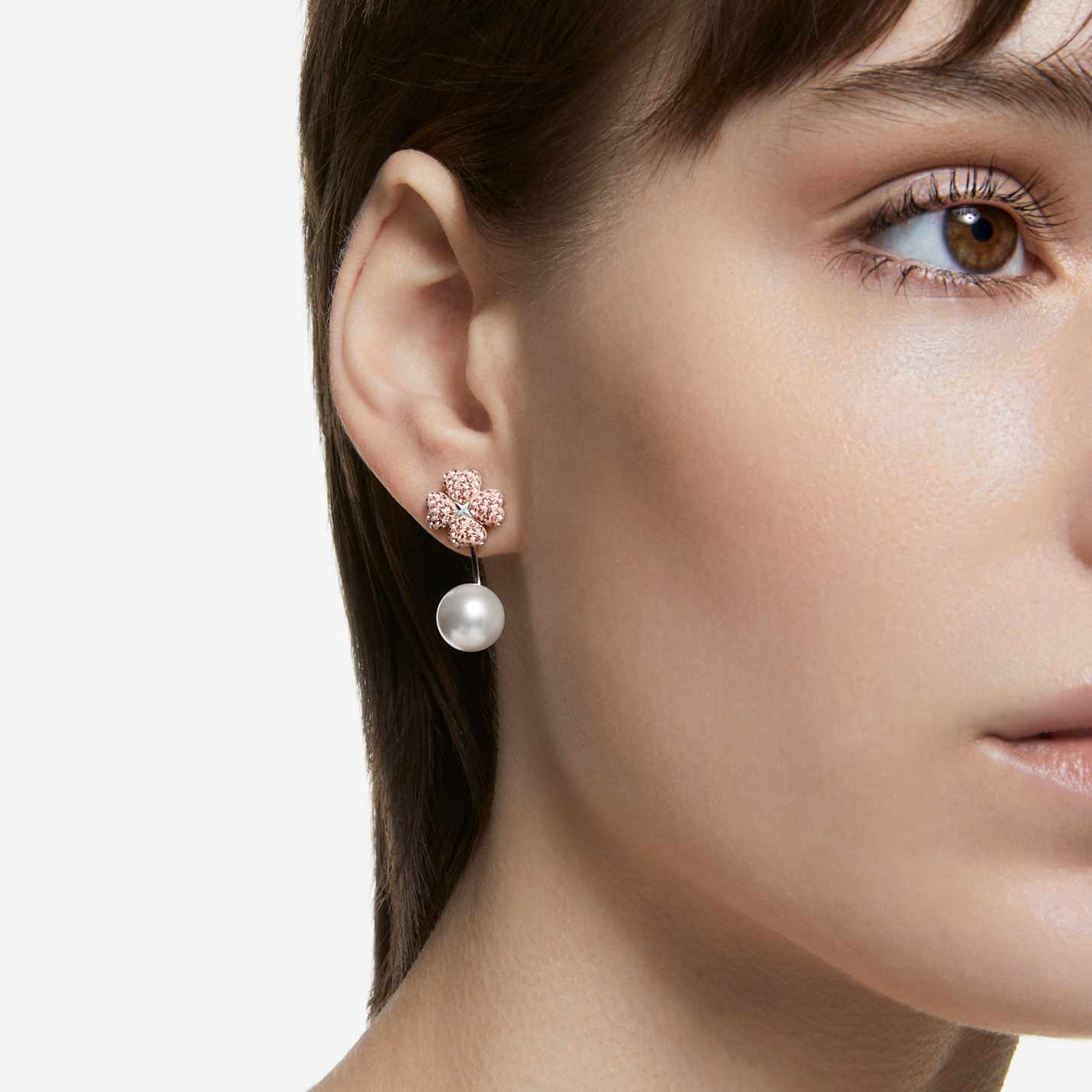 Latisha earring jackets, Flower, Pink, Rhodium plated Swarovski