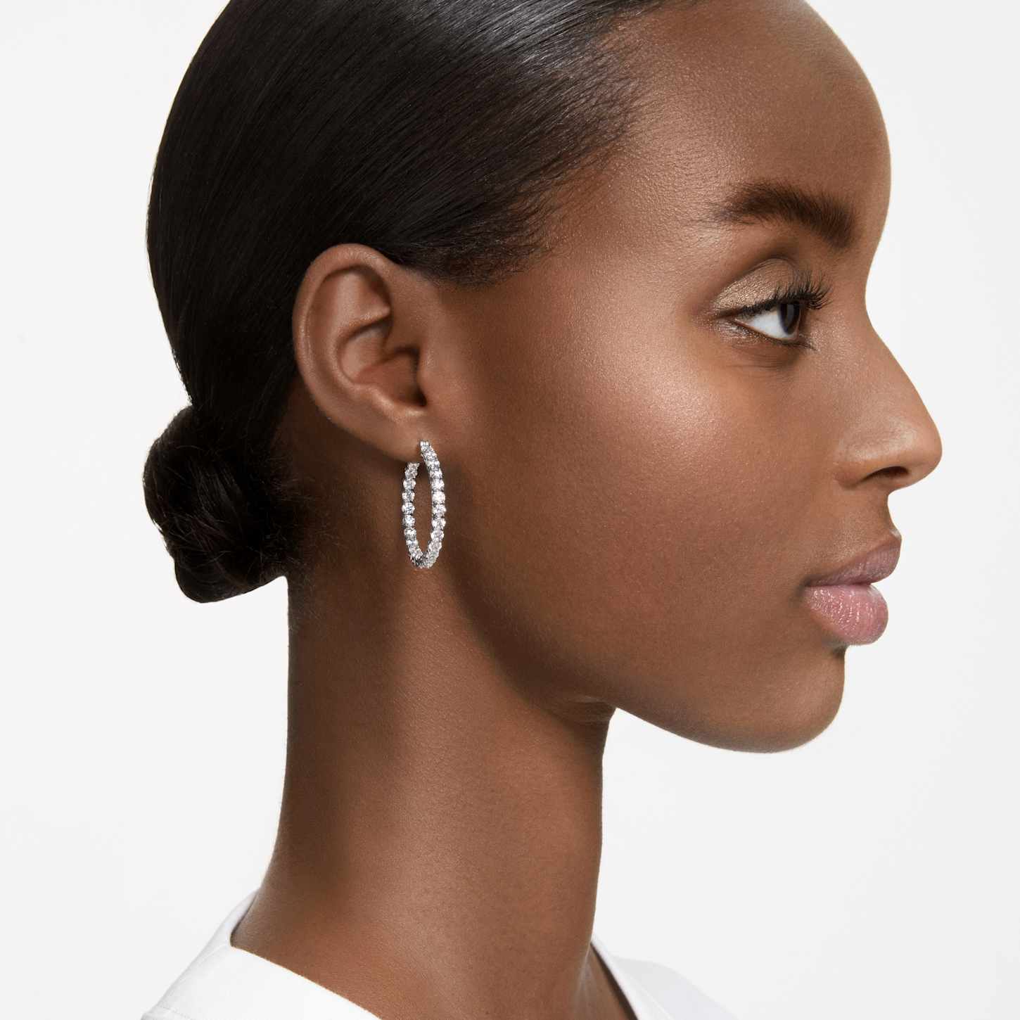 Matrix hoop earrings, Round cut, White, Rhodium plated | Swarovski