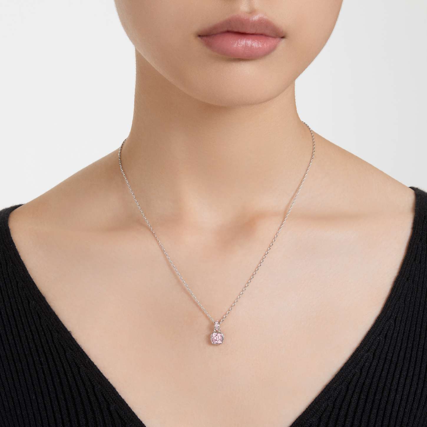 Birthstone pendant, Square cut, June, Pink, Rhodium plated Swarovski