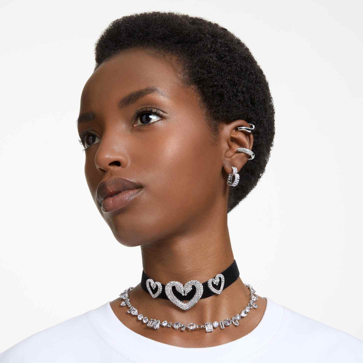 Matrix hoop earrings, Heart, Small, White, Rhodium plated Swarovski