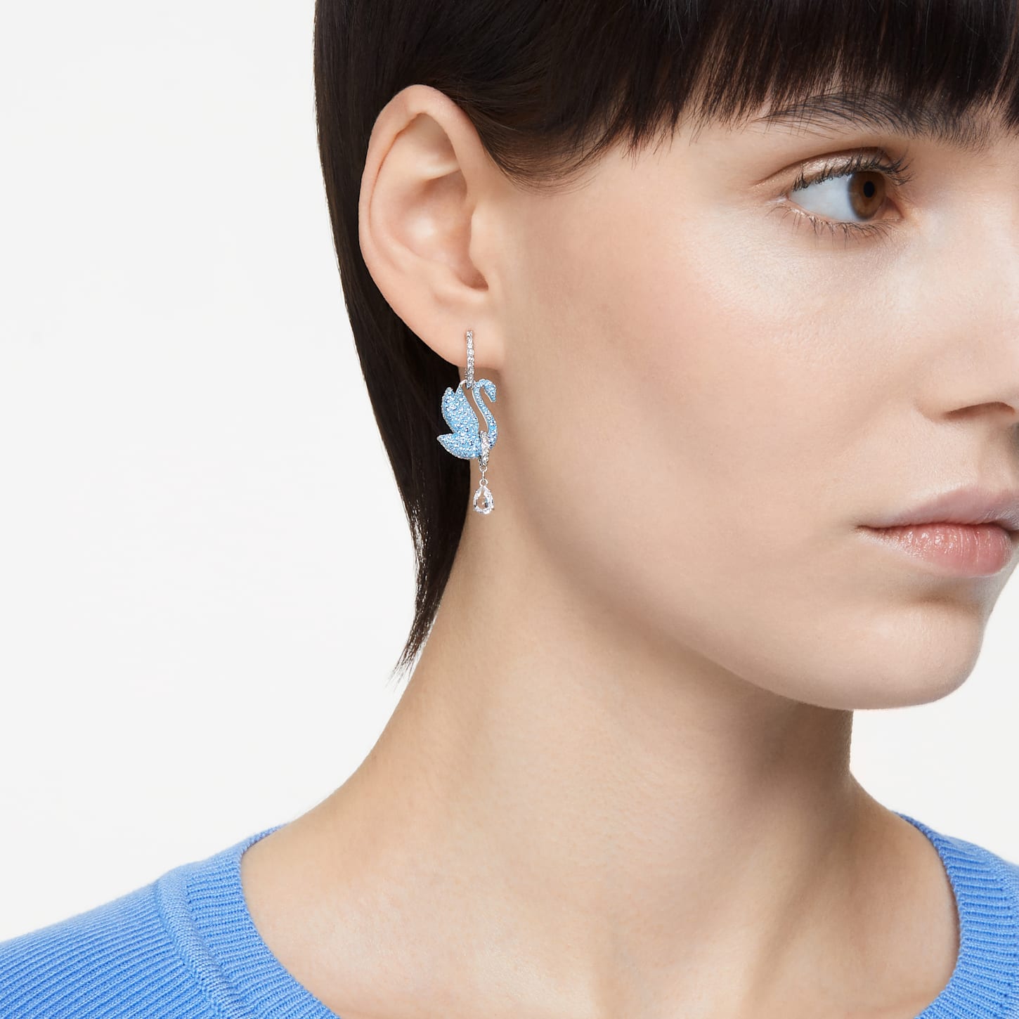 Swarovski Iconic Swan drop earrings, Swan, Blue, Rhodium plated | Swarovski