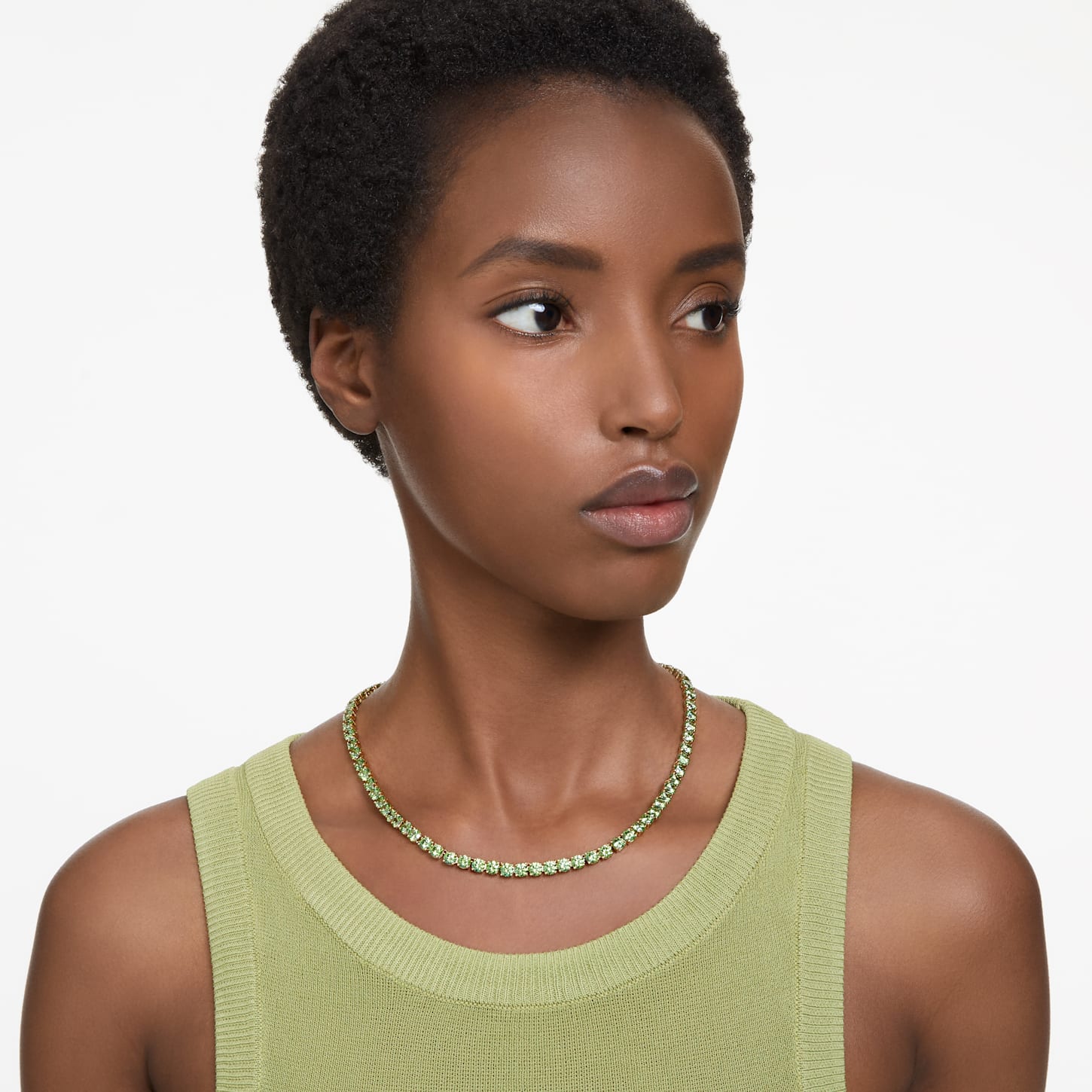 Matrix Tennis necklace, Round cut, Medium, Green, Gold-tone plated