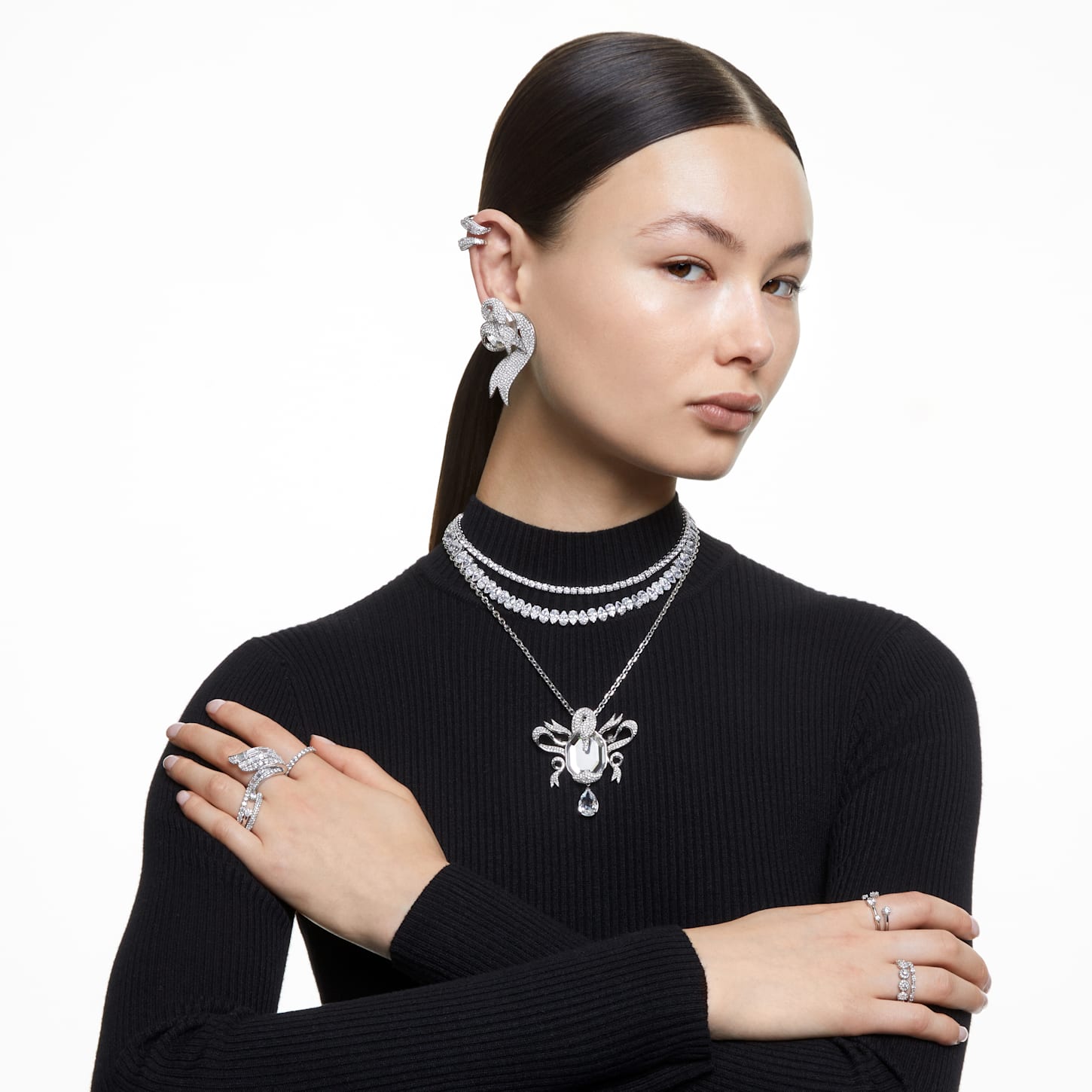 Matrix Tennis necklace, Round cut, Small, White, Rhodium plated Swarovski