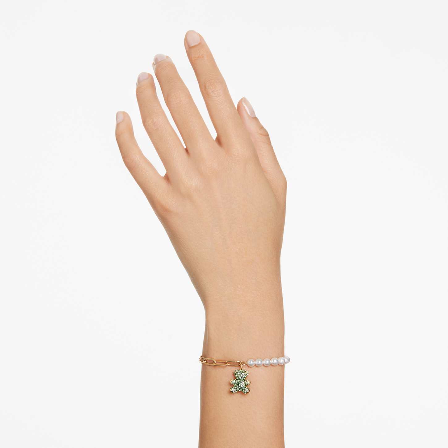 Teddy bracelet, Crystal pearl, Bear, Green, 18K gold finish