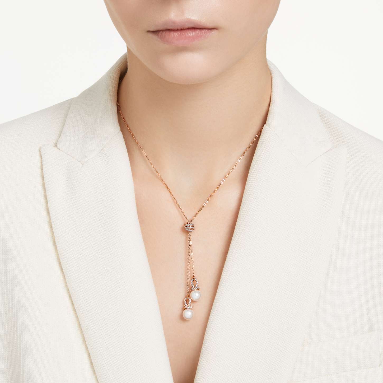 Originally y pendant, Crystal pearl, White, 18K rose gold finish