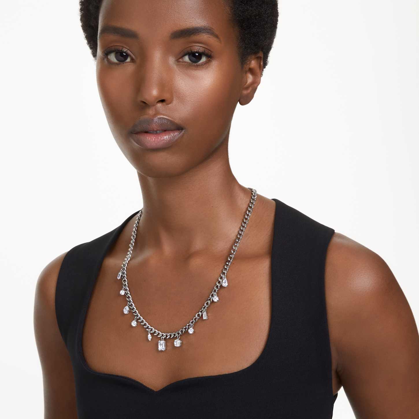 Dextera necklace, Thick chain, Mixed cuts, White, Rhodium plated
