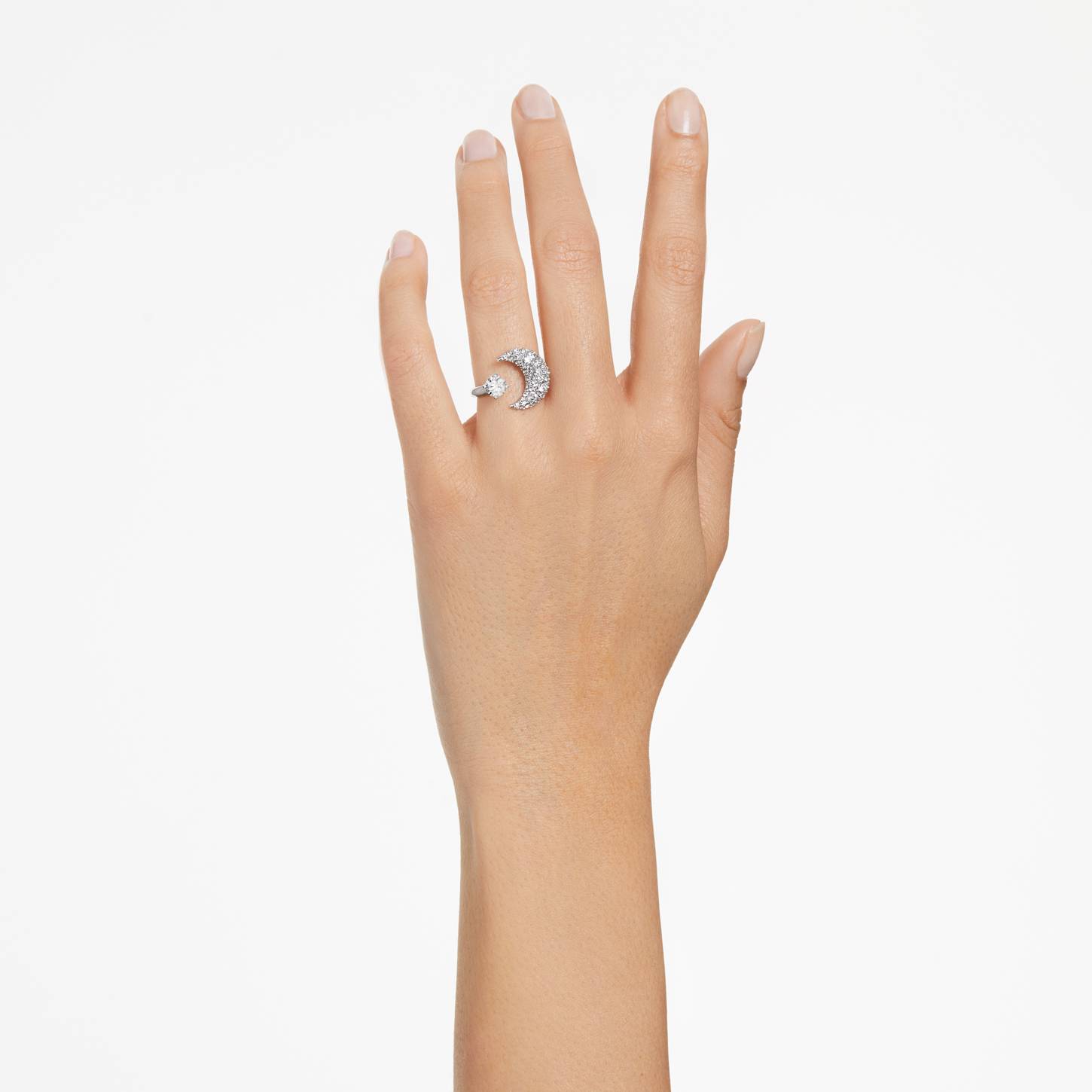 Luna open ring, Moon, White, Rhodium plated | Swarovski