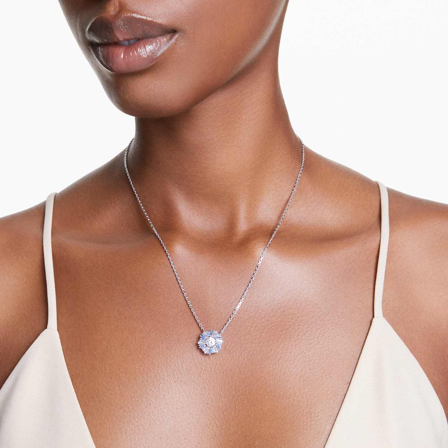 Idyllia pendant, Mixed cuts, Flower, Blue, Rhodium plated | Swarovski