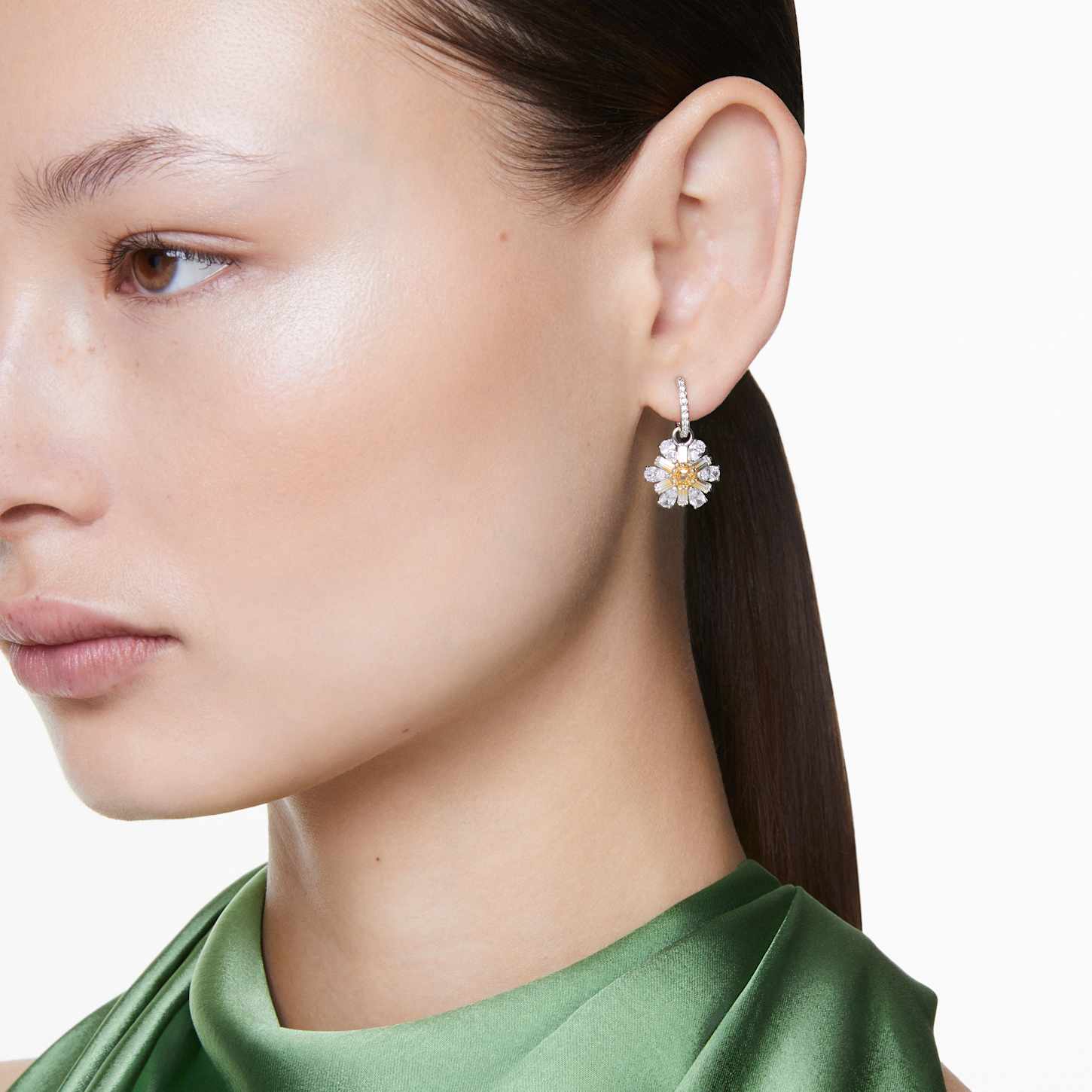 Idyllia drop earrings, Flower, Yellow, Rhodium plated | Swarovski