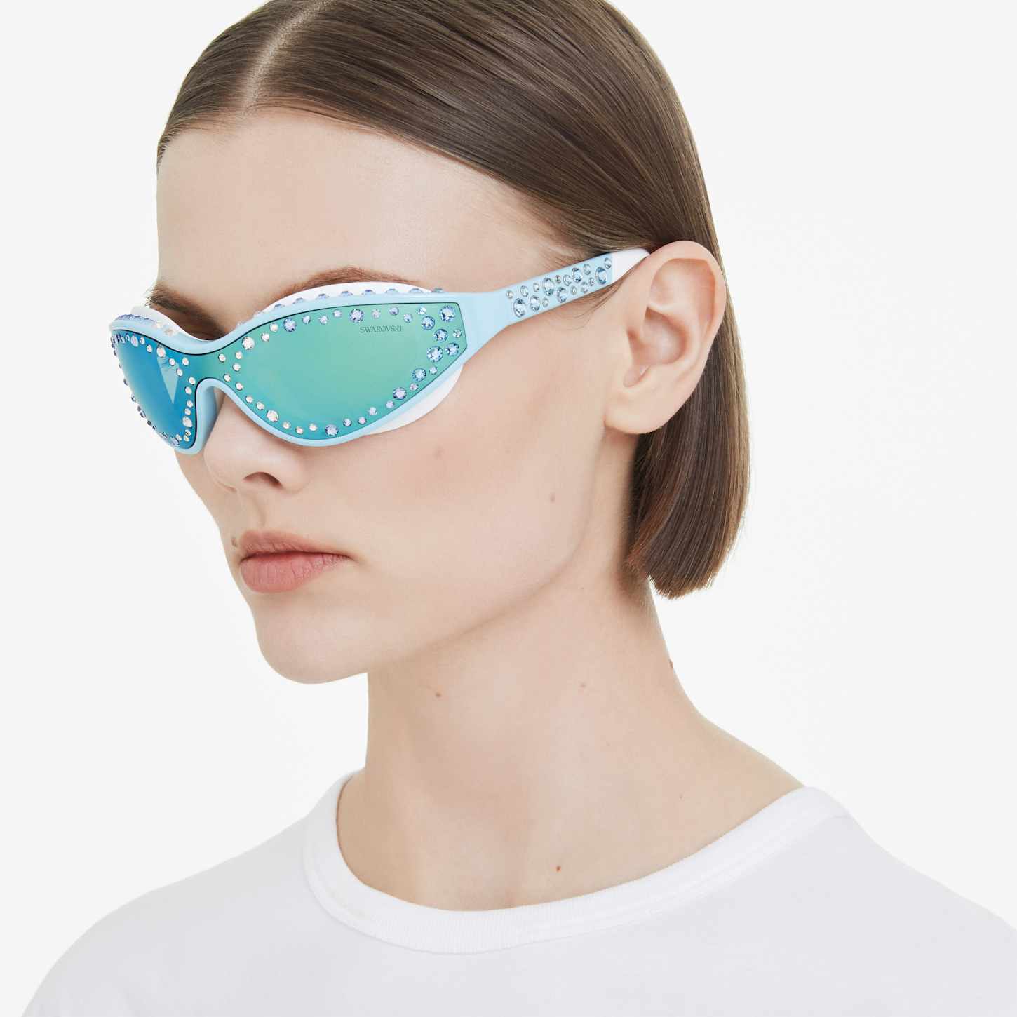 Faberge VTG 23K GP Swarovski Crystal Blue Sunglasses Sunnies EUC Swarovski SK363 30X Blue/Yellow Shield Half-Rim Sunglasses  main image 4