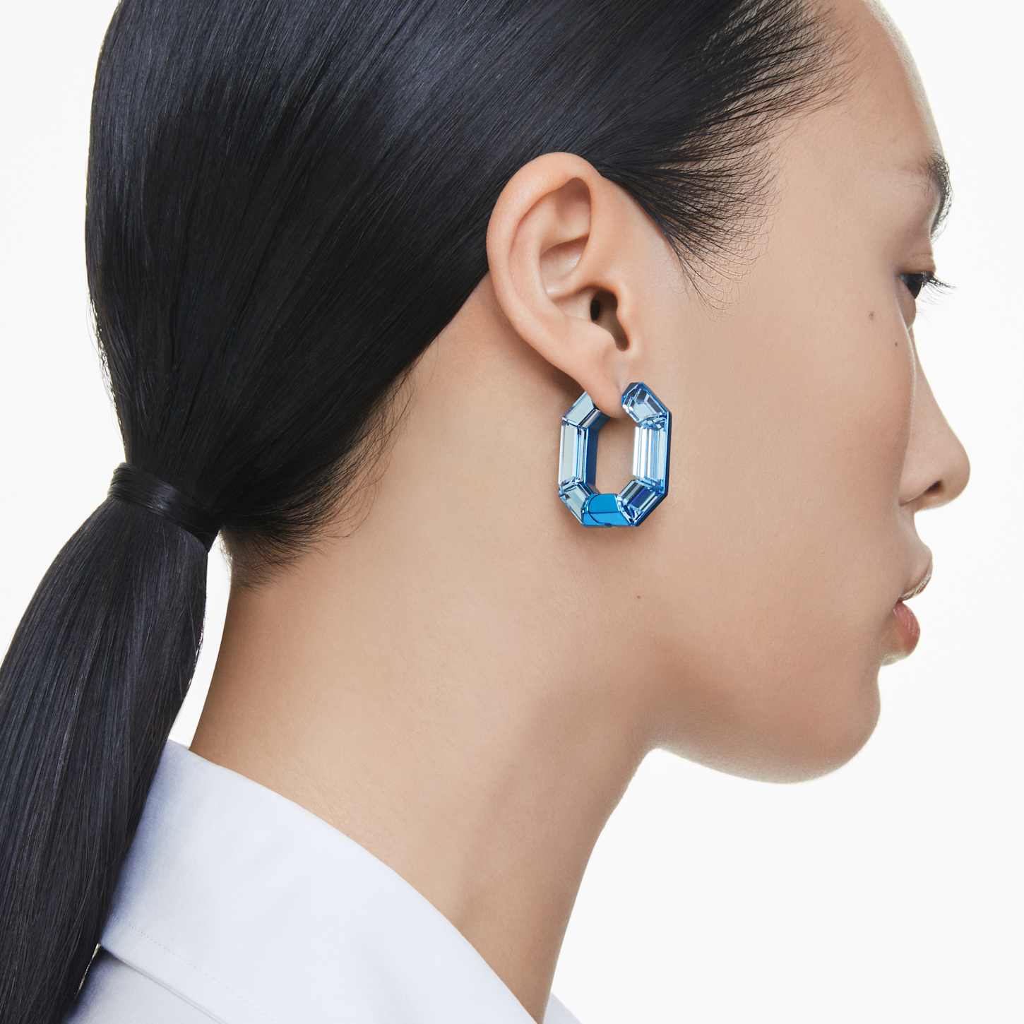 Lucent hoop earrings, Octagon shape, Small, Blue | Swarovski