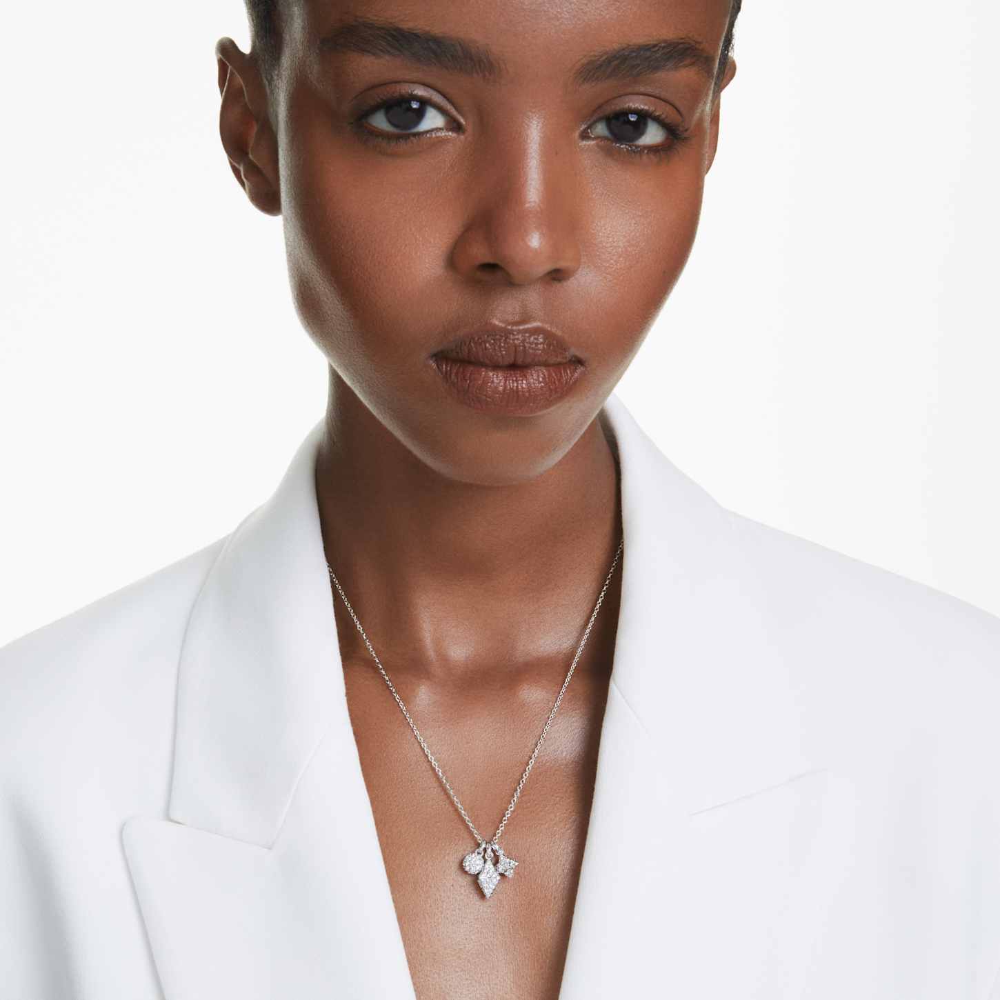 Dextera pendant, Round cut, Sphere and cube, White, Rhodium plated
