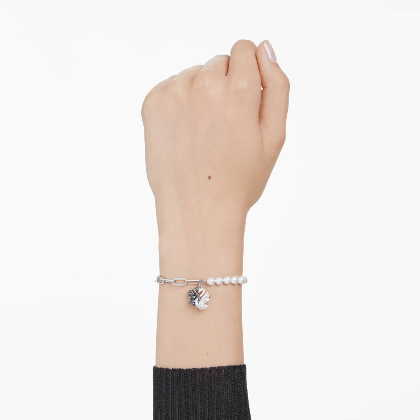 Brățară Swan, Perlă de cristal, Lebădă, Negru, Finisaj metalic