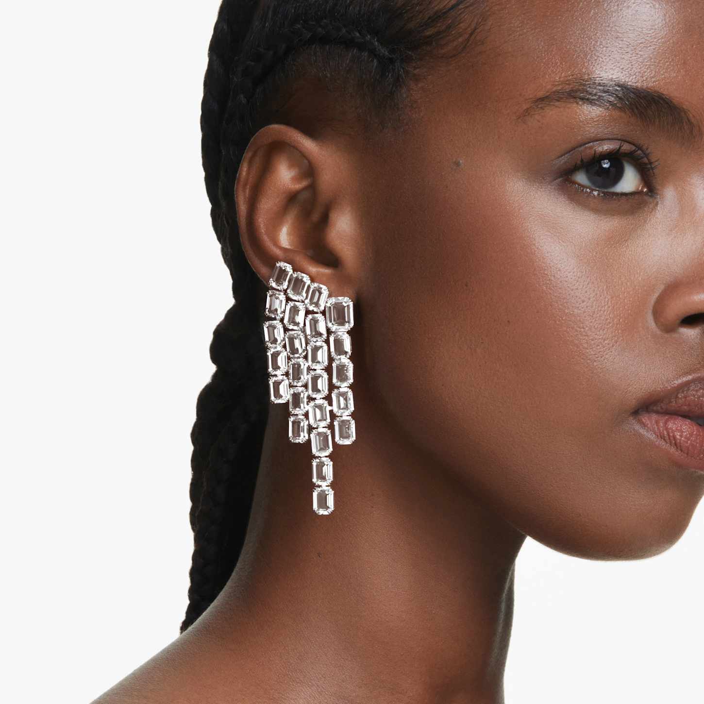 Orecchini A Clip 3 Catenine In Cristallo, Colore Argento, Non Forati, Con Scatola Regalo