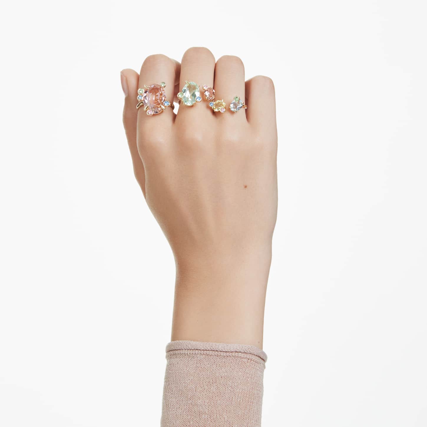 Gema ring, Set (3), Mixed cuts, Multicoloured, 18K gold finish 