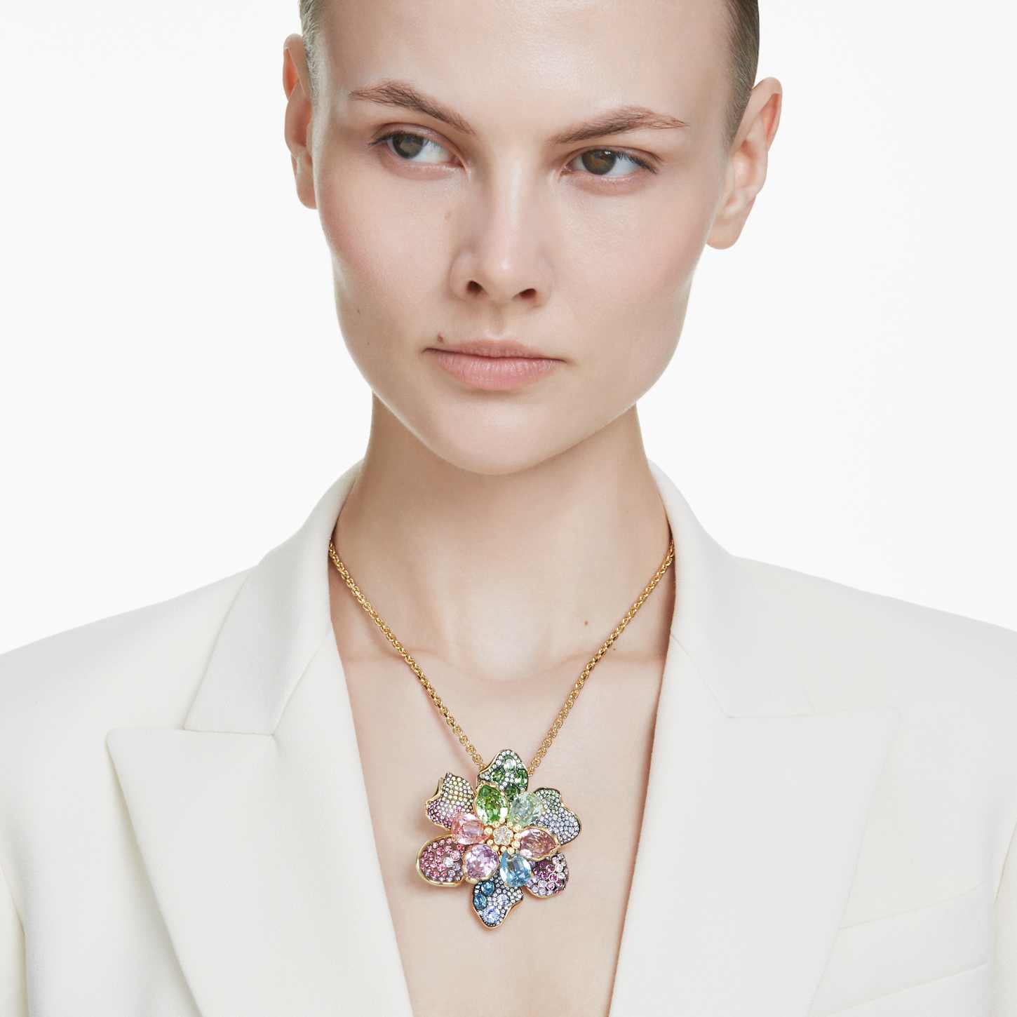 Idyllia pendant and brooch, Mixed cuts, Pavé, Flower, Multicolored