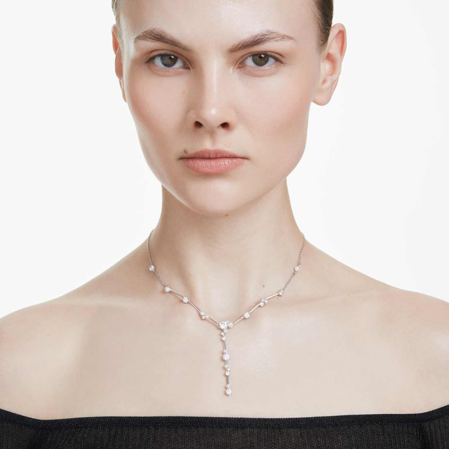 Constella Y字型ネックレス, クリスタル・パール, ラウンドカット