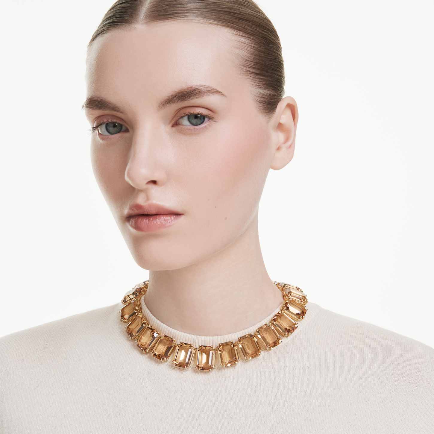 Millenia necklace, Oversized crystals, Octagon cut, Caramel, 18K