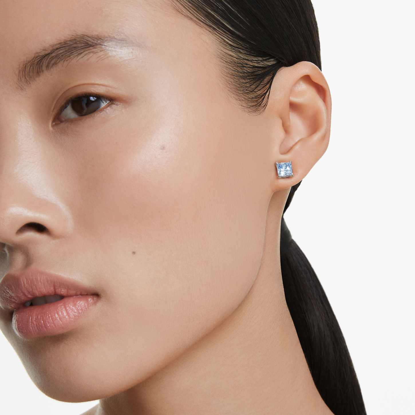 Matrix stud earrings, Square cut, Blue, Rhodium plated | Swarovski