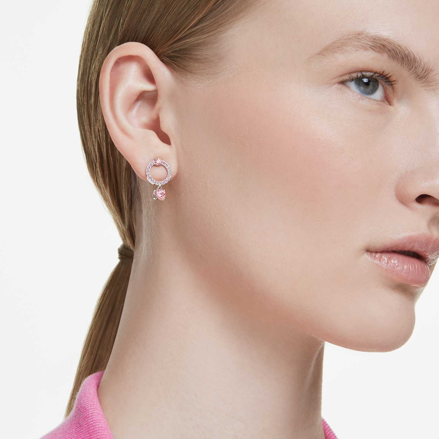 Attract drop earrings, Round cut, Pink, Rhodium plated | Swarovski