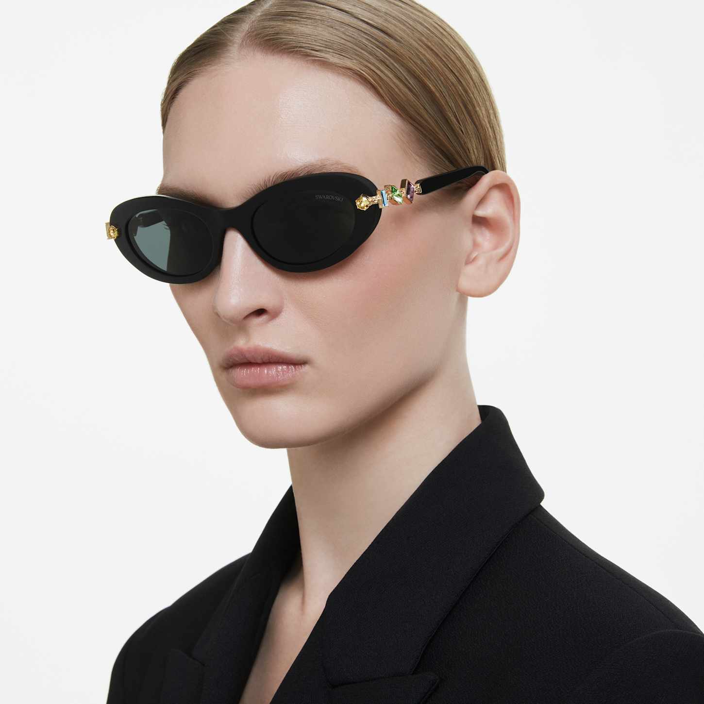 Sunglasses, Oval shape, Black | Swarovski