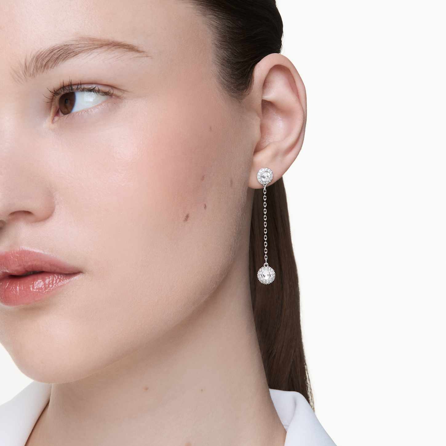 Una Angelic drop earrings, Round cut, White, Rhodium plated