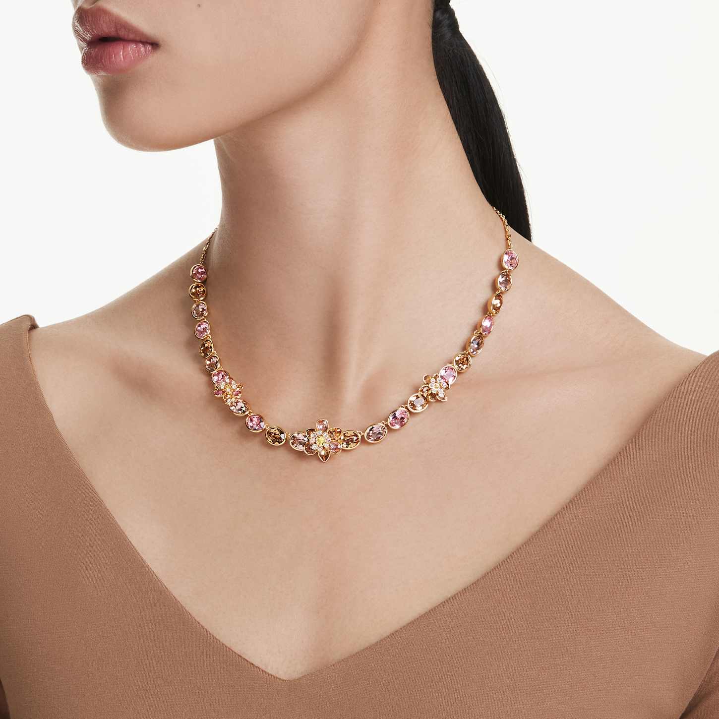 Idyllia necklace, Mixed cuts, Flower, Multicolored, Gold-tone