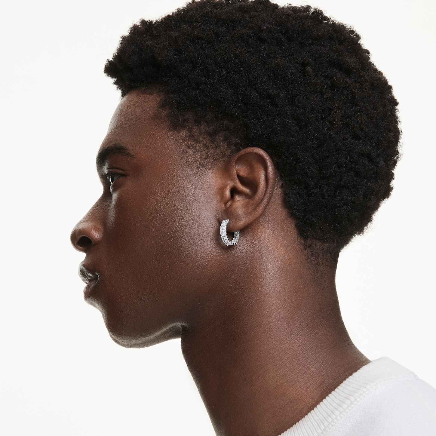 Matrix hoop earrings, Baguette cut, White, Rhodium plated | Swarovski