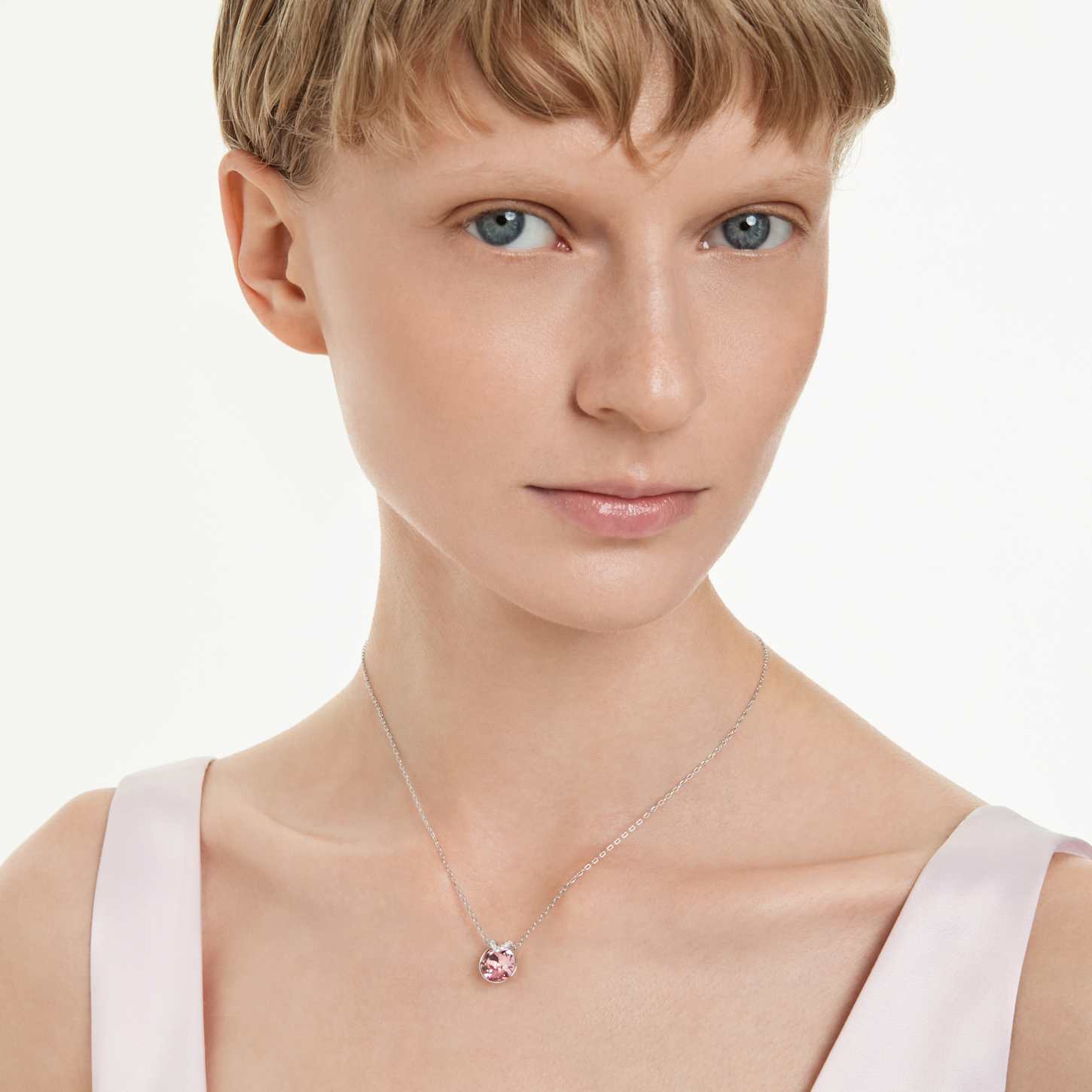 Bella V pendant, Round cut, Pink, Rhodium plated | Swarovski