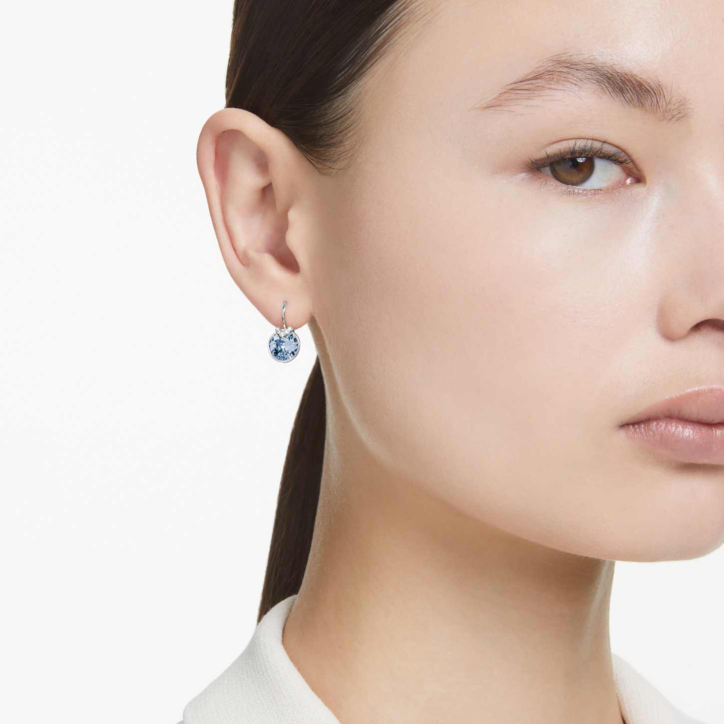 Bella V drop earrings, Round cut, Blue, Rhodium plated | Swarovski
