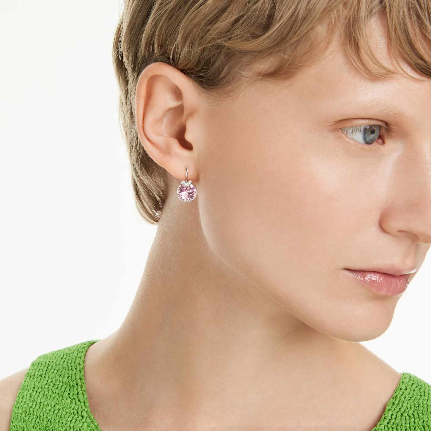 Bella V drop earrings, Round cut, Pink, Rhodium plated | Swarovski