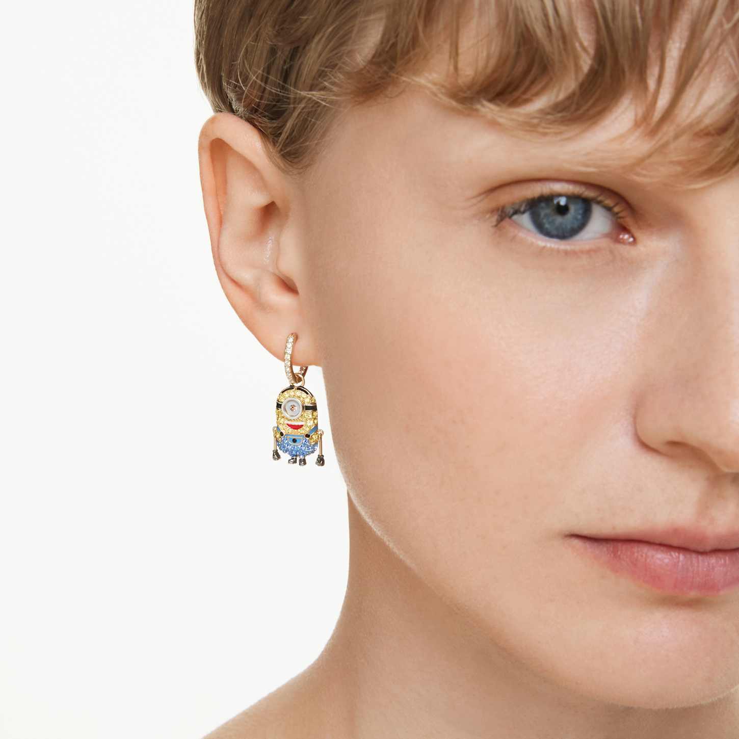 Minions Stuart and Banana drop earrings, Pavé, Mini, Multicolored