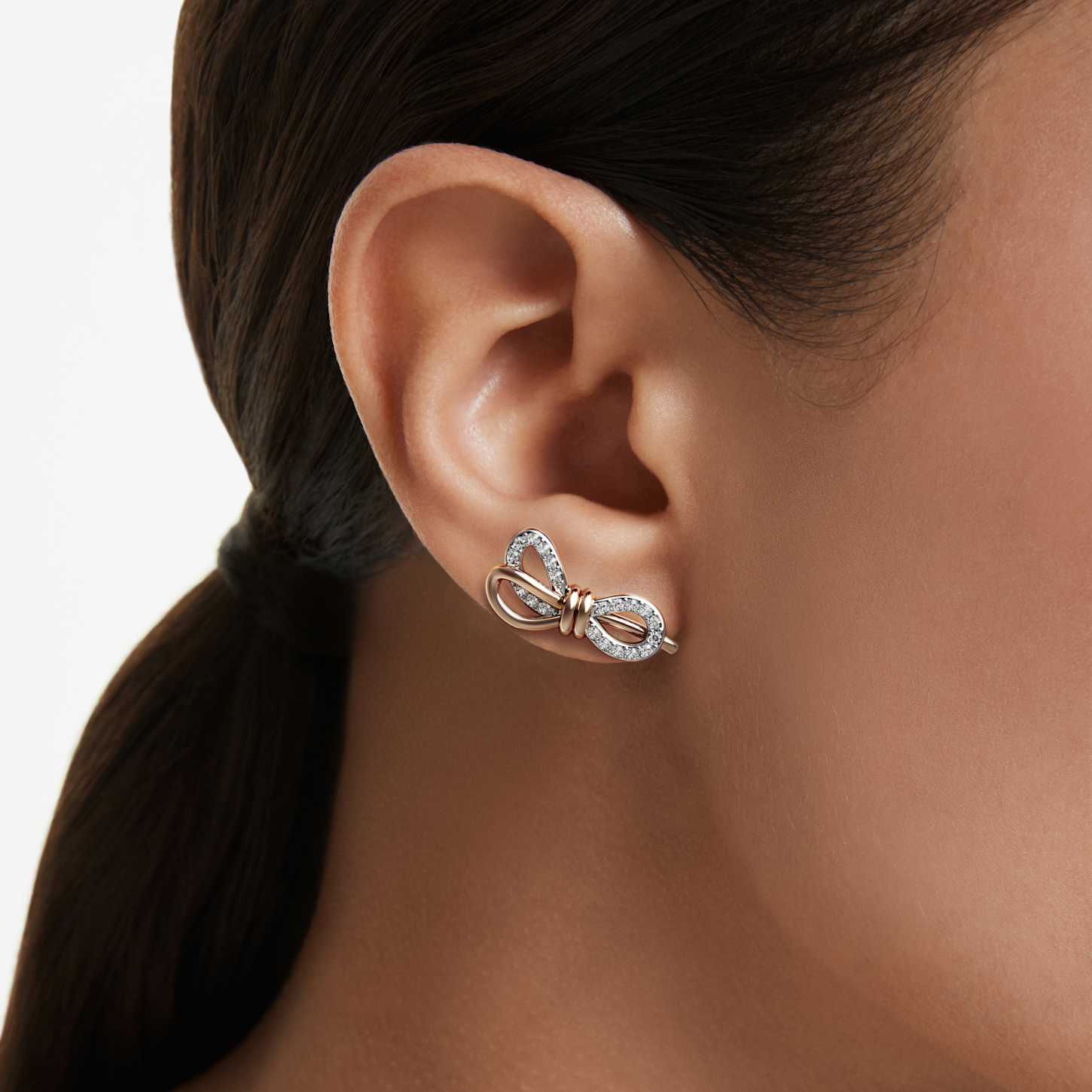 Lifelong stud earrings, Pavé, Bow, White, Mixed metal finish