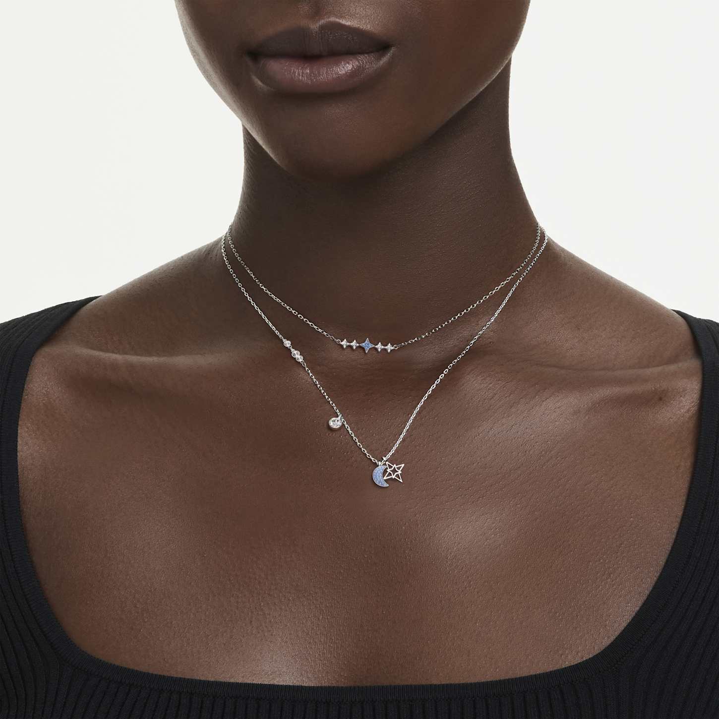 Symbolica necklace, Round cut, Moon, Blue, Rhodium plated | Swarovski