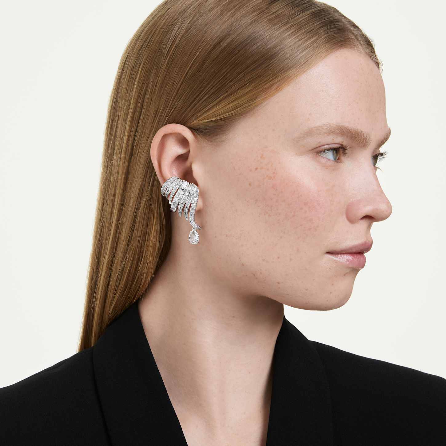 Vienna clip earrings, Mixed cuts, Swan, White, Rhodium plated