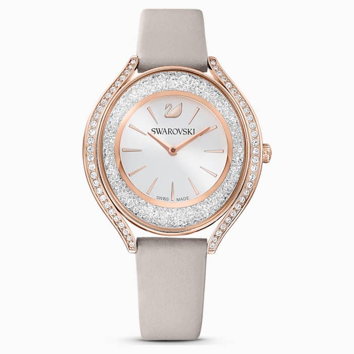 Crystalline Aura Watch, Leather strap, Grey, Rose-gold tone PVD - Swarovski, 5519450