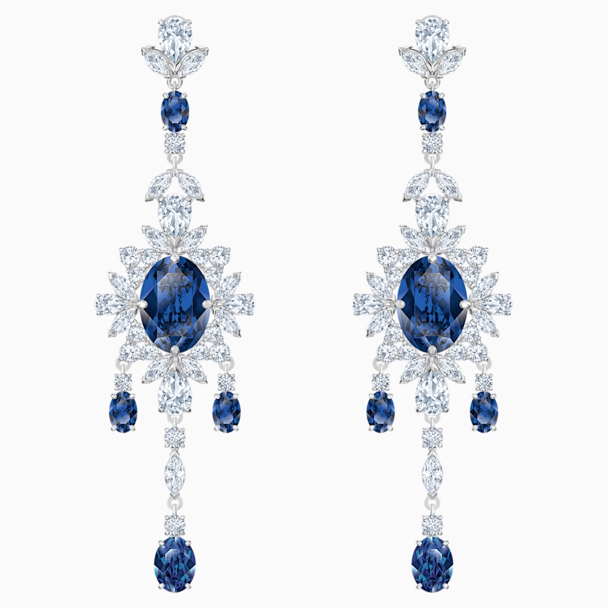 Palace Chandelier Pierced Earrings, Blue, Rhodium plated - Swarovski, 5498817