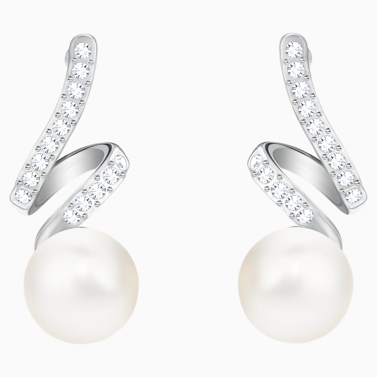 Gabriella Pearl Pierced Earrings, White, Rhodium plated - Swarovski, 5528447