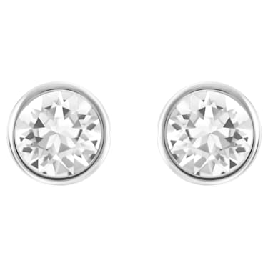 Solitaire stud earrings, Round cut, White, Rhodium plated - Swarovski, 5101338