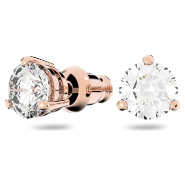 Solitaire stud earrings, Round cut, White, Rose gold-tone plated 