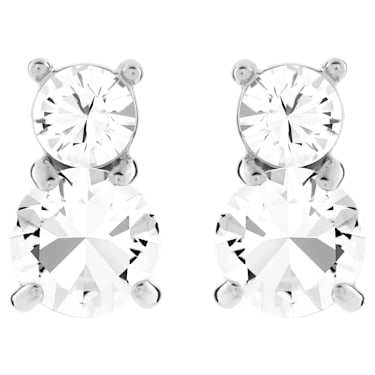 Solitaire stud earrings, Round cut, White, Rhodium plated - Swarovski, 5128808