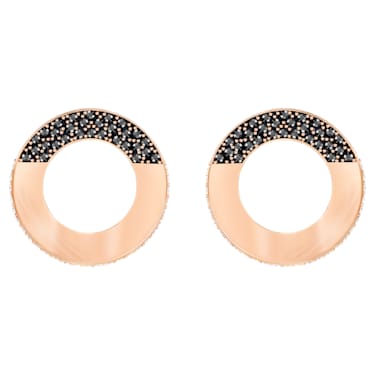 Hoop Fever Round Pierced Earrings, Black, Rose gold plating - Swarovski, 5352005